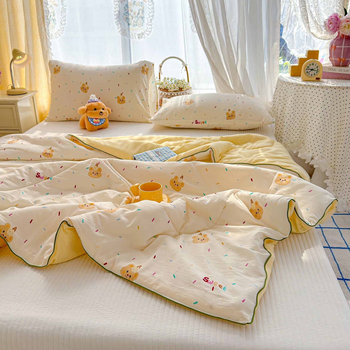 91家纺网 家纺一手货源 找家纺 弗苓家纺 2026新款A类水洗皱皱纱夏被夏凉被空调被 泡芙熊