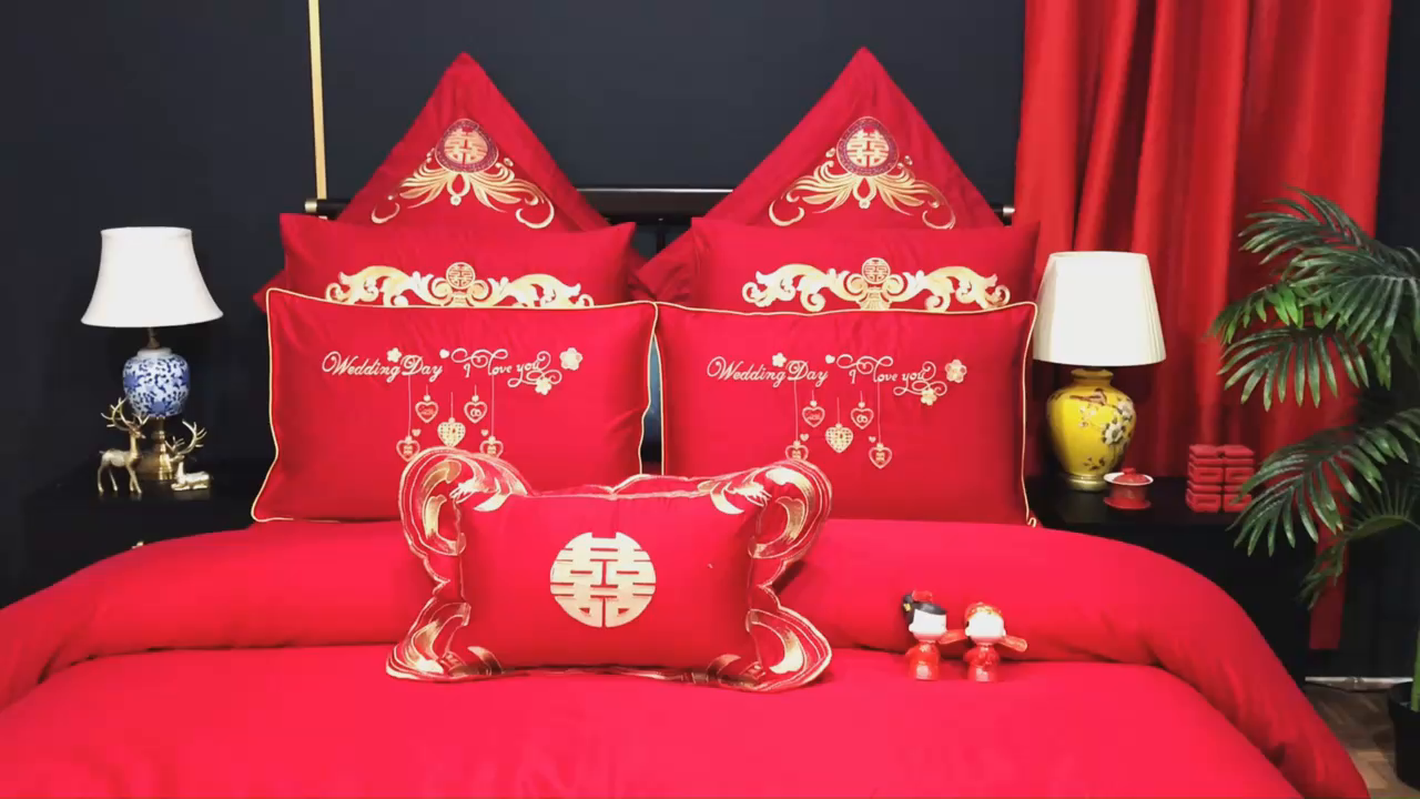 91家纺网 家纺一手货源 找家纺 慕她家纺 2026年全棉纯棉婚庆四件套大红色刺绣结床上用品（床盖款加40） 浪漫喜事