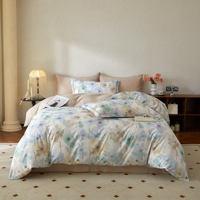 91家纺网 家纺一手货源 找家纺 沐白家居 2026新款亲肤舒适全棉印花四件套 花染-卡其