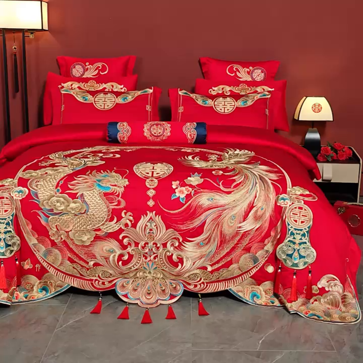91家纺网 家纺一手货源 找家纺 慕她家纺 2026年全棉纯棉婚庆四件套大红色刺绣结床上用品（床盖款加40） 婚天喜地