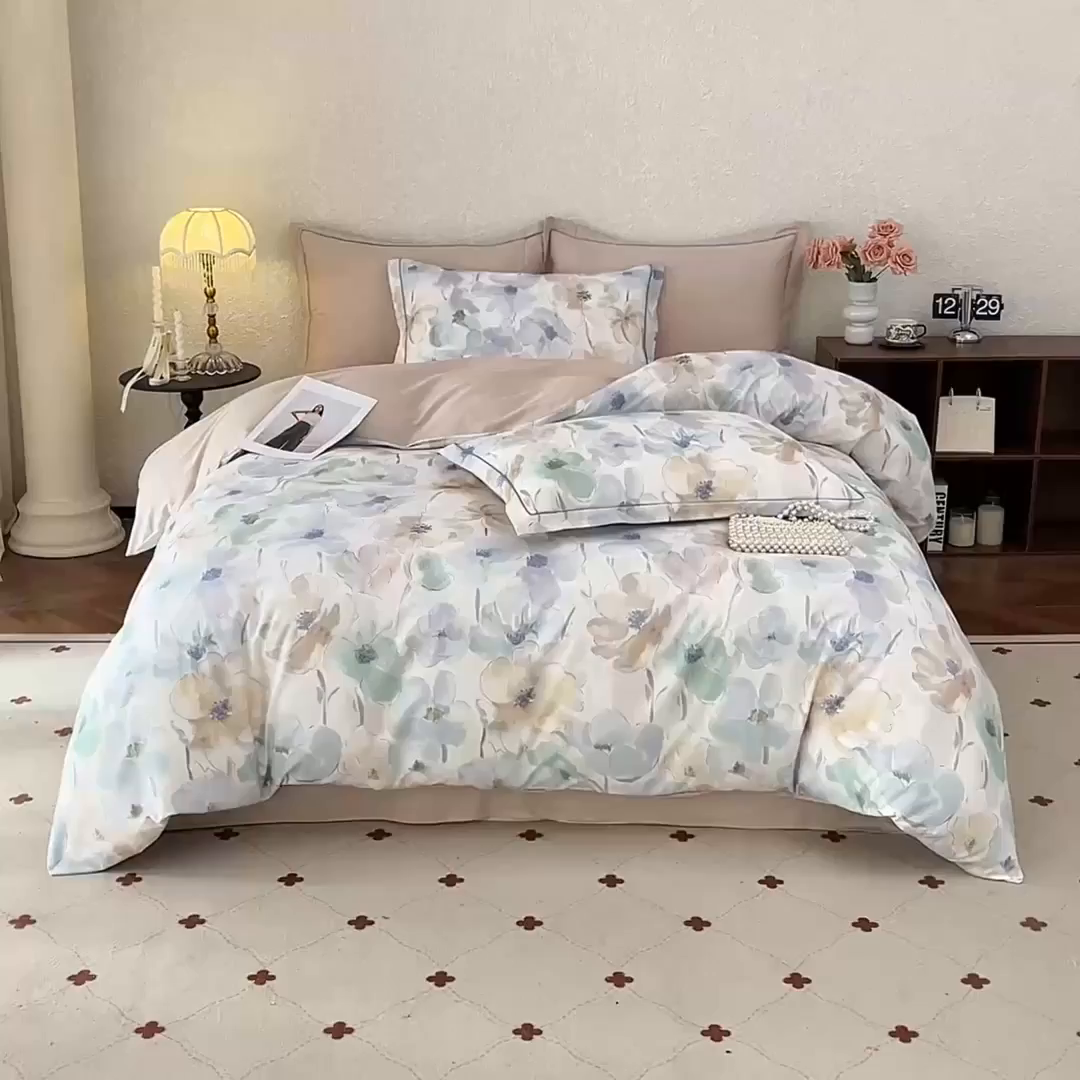 91家纺网 家纺一手货源 找家纺 沐白家居 2026新款亲肤舒适全棉印花四件套 花染-卡其