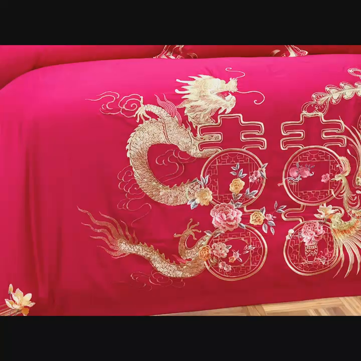 91家纺网 家纺一手货源 找家纺 慕她家纺 2026年全棉纯棉婚庆四件套大红色刺绣结床上用品（床盖款加40） 龙凤报喜