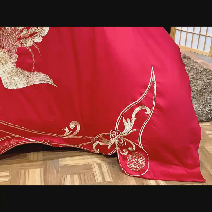 91家纺网 家纺一手货源 找家纺 慕她家纺 2026年全棉纯棉婚庆四件套大红色刺绣结床上用品（床盖款加40） 龙凤迎亲