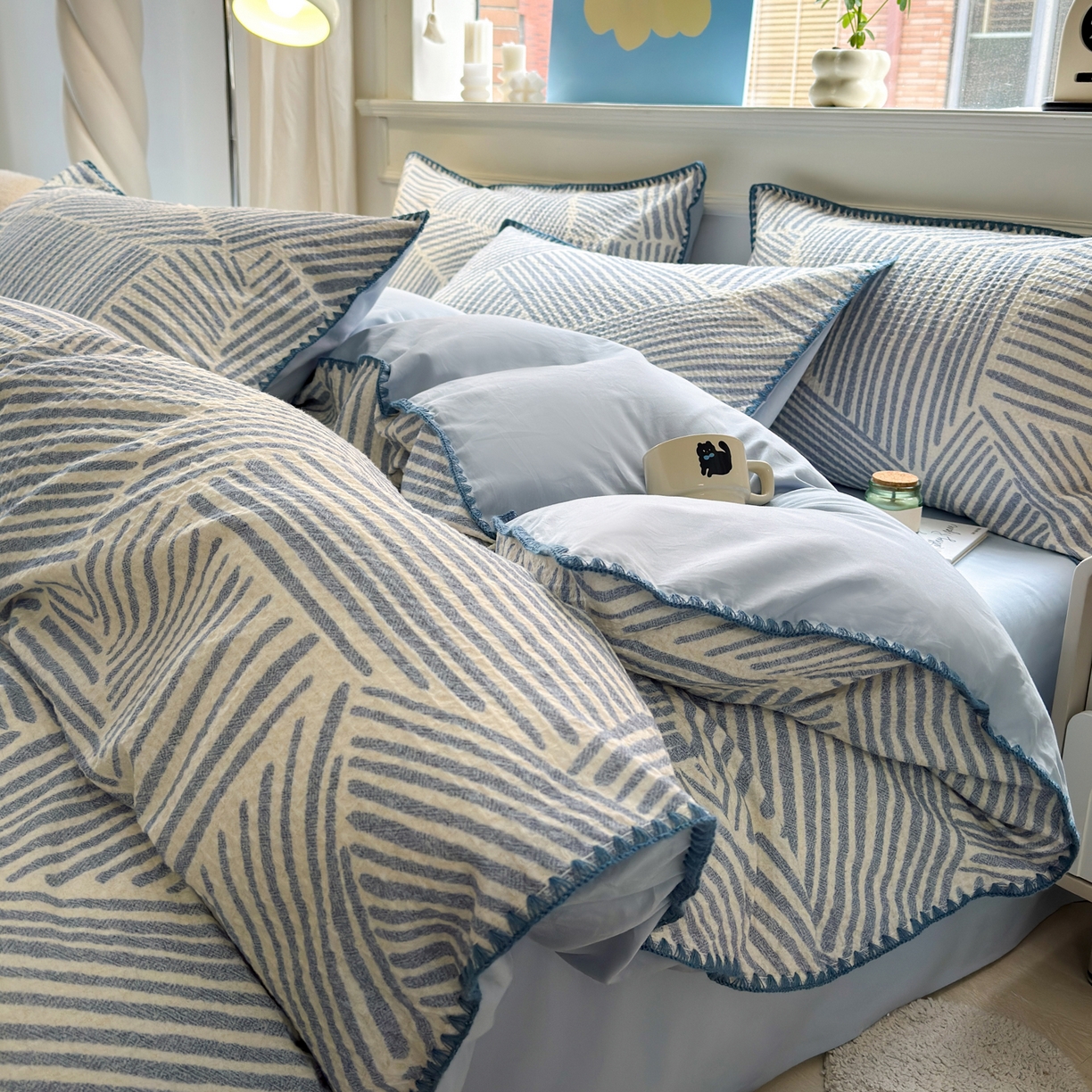 91家纺网 家纺一手货源 找家纺 雯雨家纺 2026新款A类全棉华夫格提花贝壳边工艺四件套 简森蓝