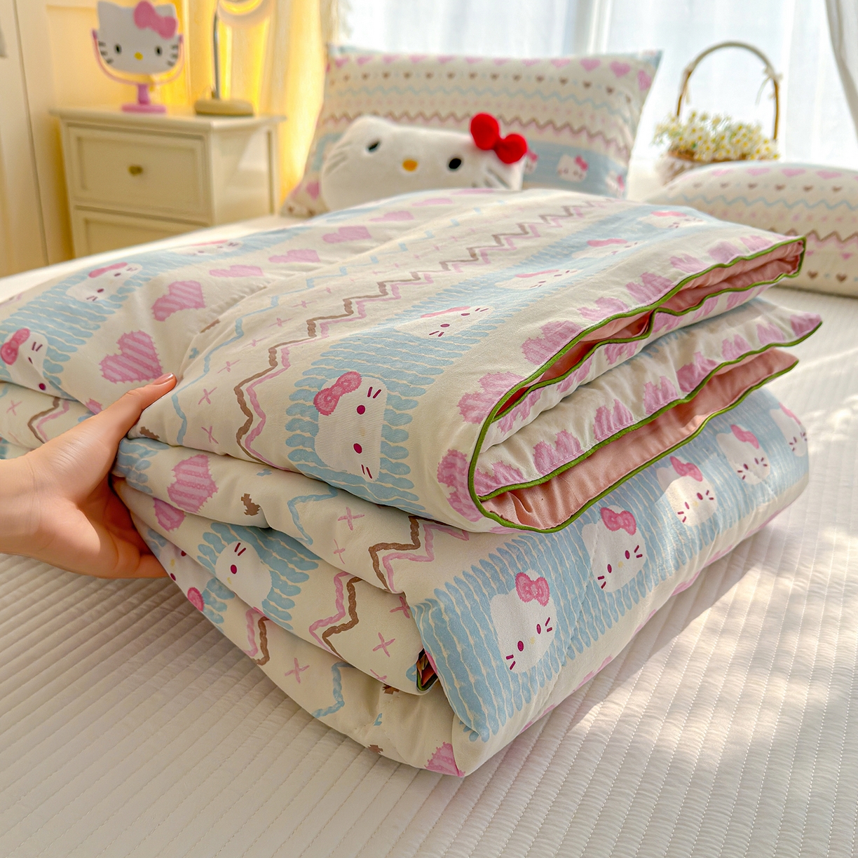 91家纺网 家纺一手货源 找家纺 弗苓家纺 2026新款A类水洗皱皱纱夏被夏凉被空调被 爱心凯蒂