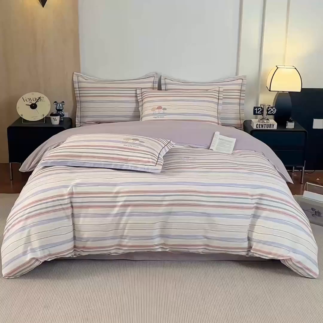 91家纺网 家纺一手货源 找家纺 沐白家居 2026新款亲肤舒适全棉印花四件套 蘑菇屋-紫