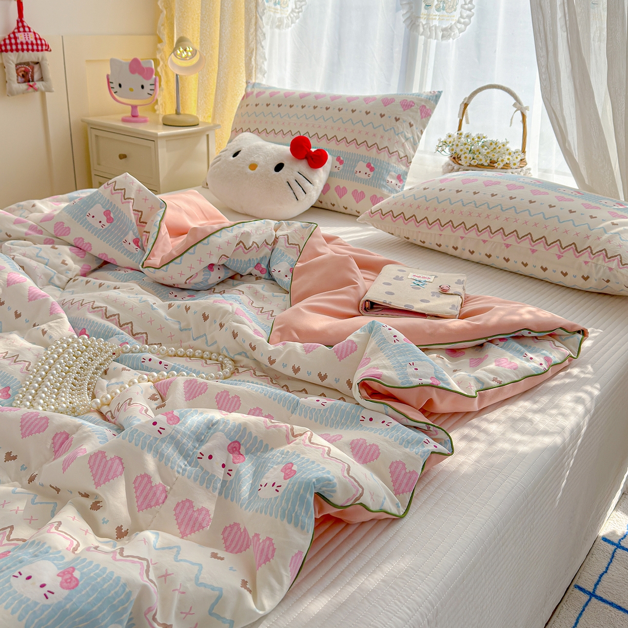 91家纺网 家纺一手货源 找家纺 弗苓家纺 2026新款A类水洗皱皱纱夏被夏凉被空调被 爱心凯蒂