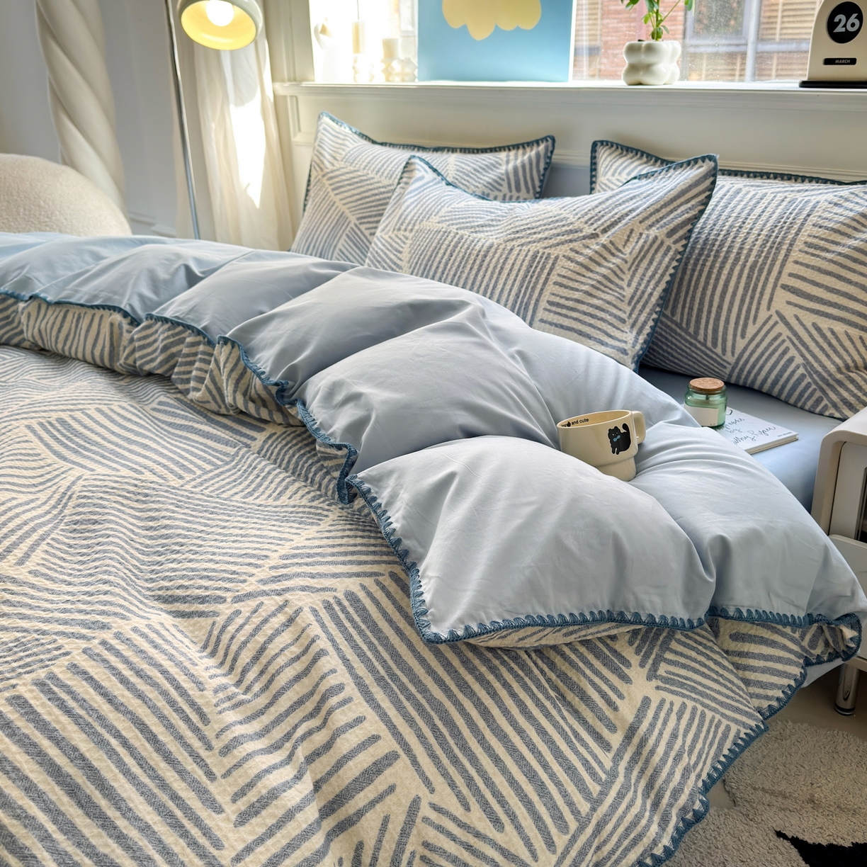 91家纺网 家纺一手货源 找家纺 雯雨家纺 2026新款A类全棉华夫格提花贝壳边工艺四件套 简森蓝