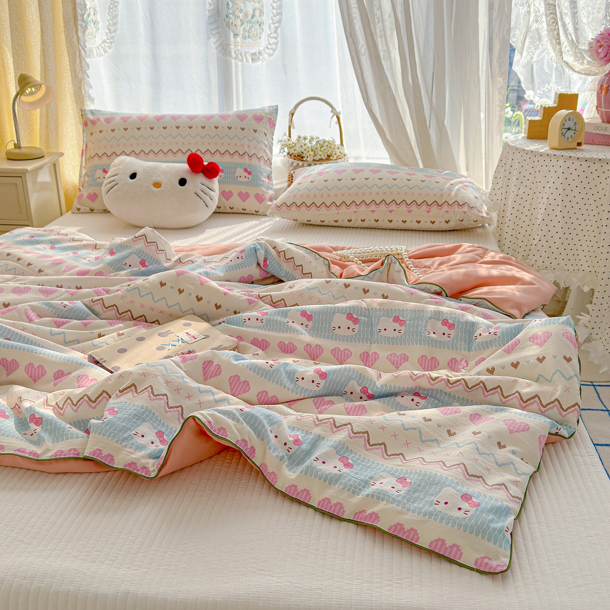 91家纺网 家纺一手货源 找家纺 弗苓家纺 2026新款A类水洗皱皱纱夏被夏凉被空调被 爱心凯蒂