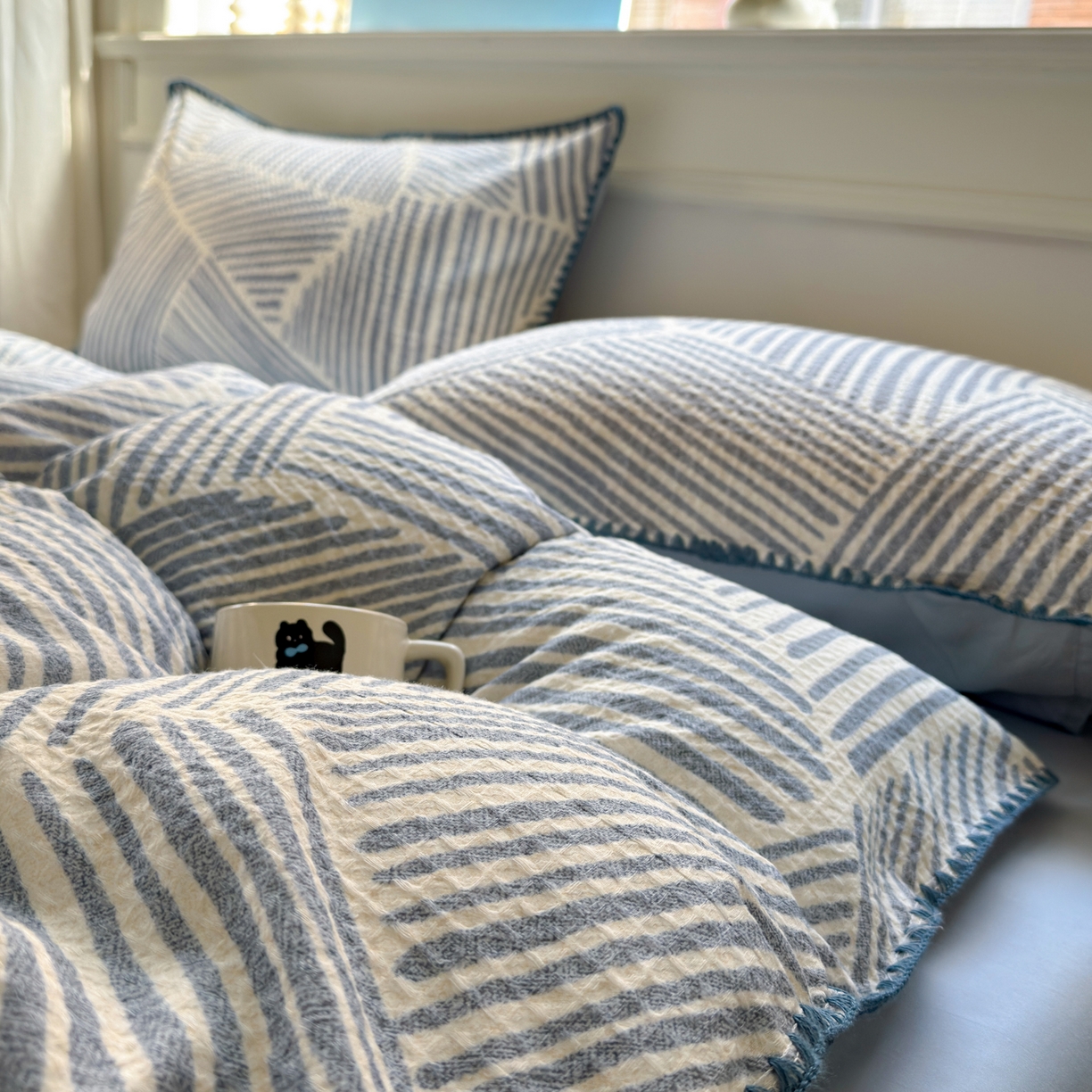 91家纺网 家纺一手货源 找家纺 雯雨家纺 2026新款A类全棉华夫格提花贝壳边工艺四件套 简森蓝