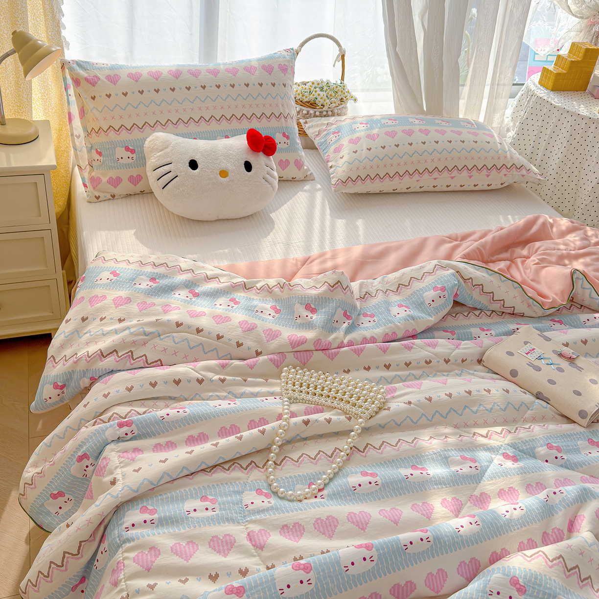 91家纺网 家纺一手货源 找家纺 弗苓家纺 2026新款A类水洗皱皱纱夏被夏凉被空调被 爱心凯蒂