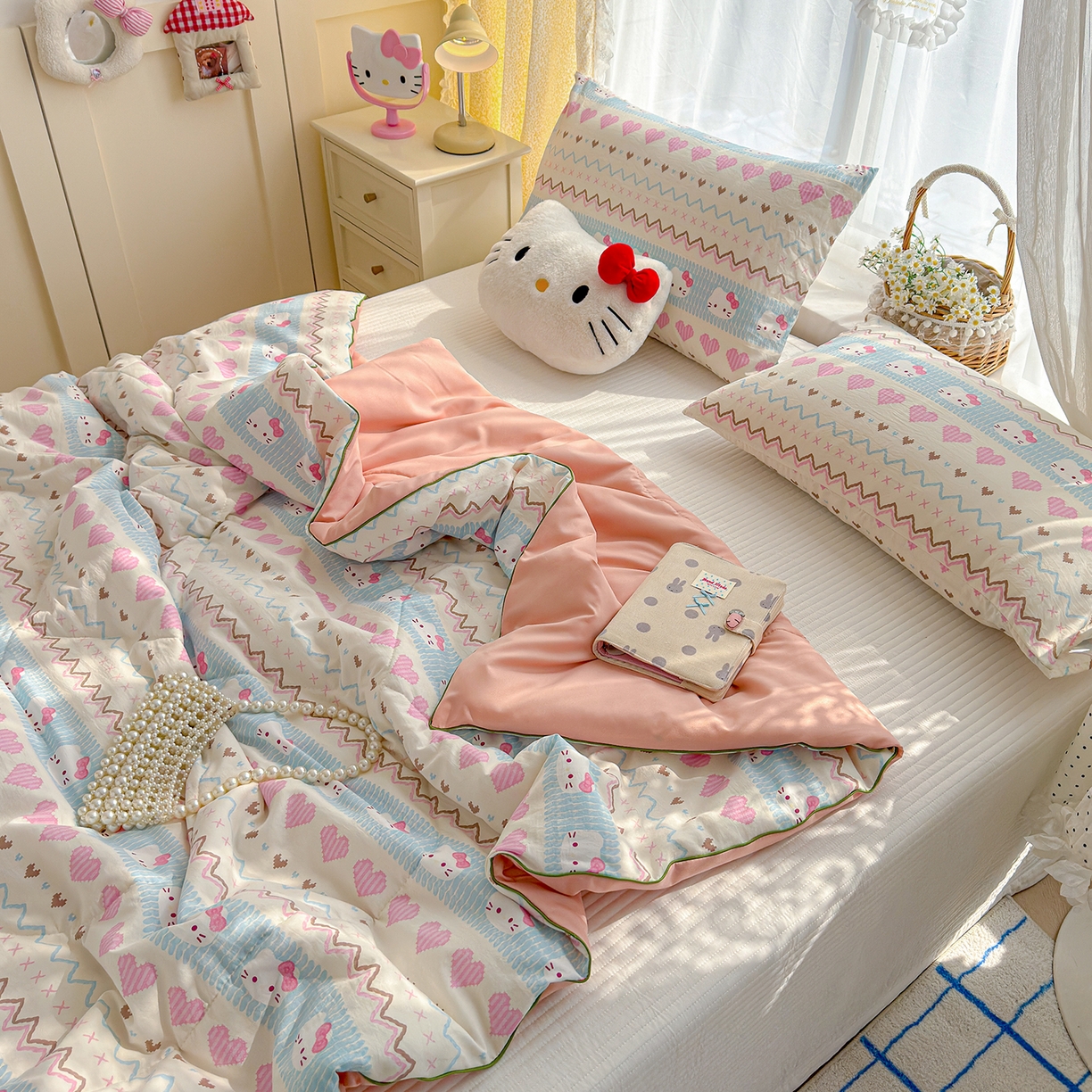 91家纺网 家纺一手货源 找家纺 弗苓家纺 2026新款A类水洗皱皱纱夏被夏凉被空调被 爱心凯蒂