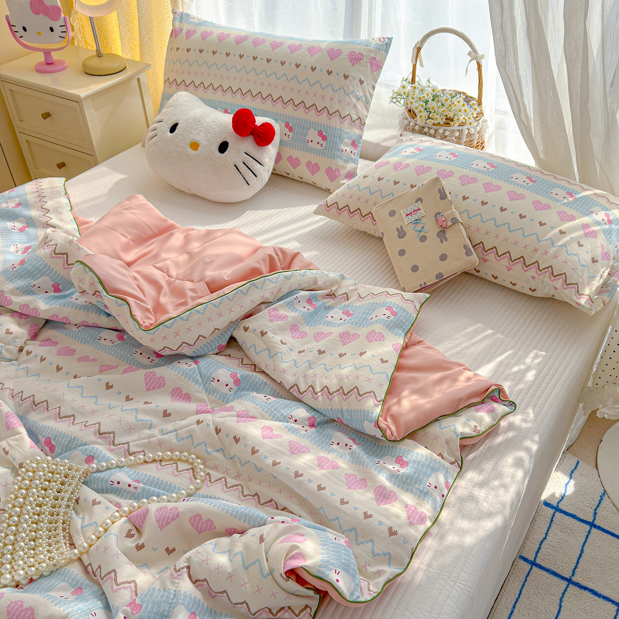 91家纺网 家纺一手货源 找家纺 弗苓家纺 2026新款A类水洗皱皱纱夏被夏凉被空调被 爱心凯蒂