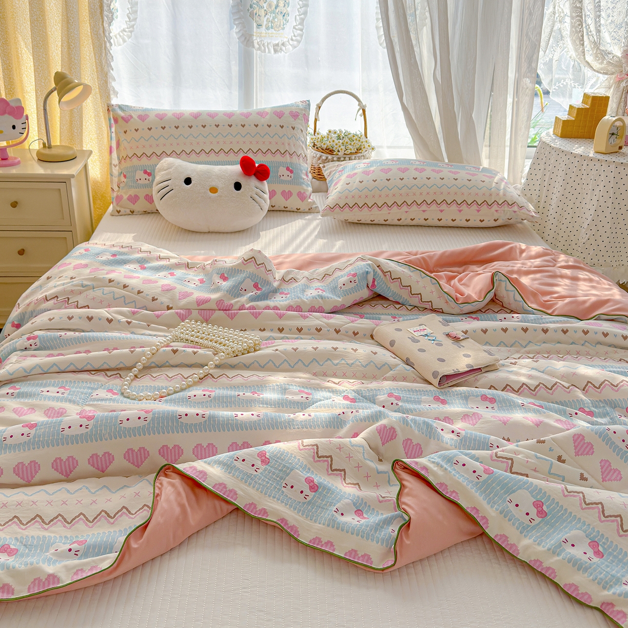 91家纺网 家纺一手货源 找家纺 弗苓家纺 2026新款A类水洗皱皱纱夏被夏凉被空调被 爱心凯蒂