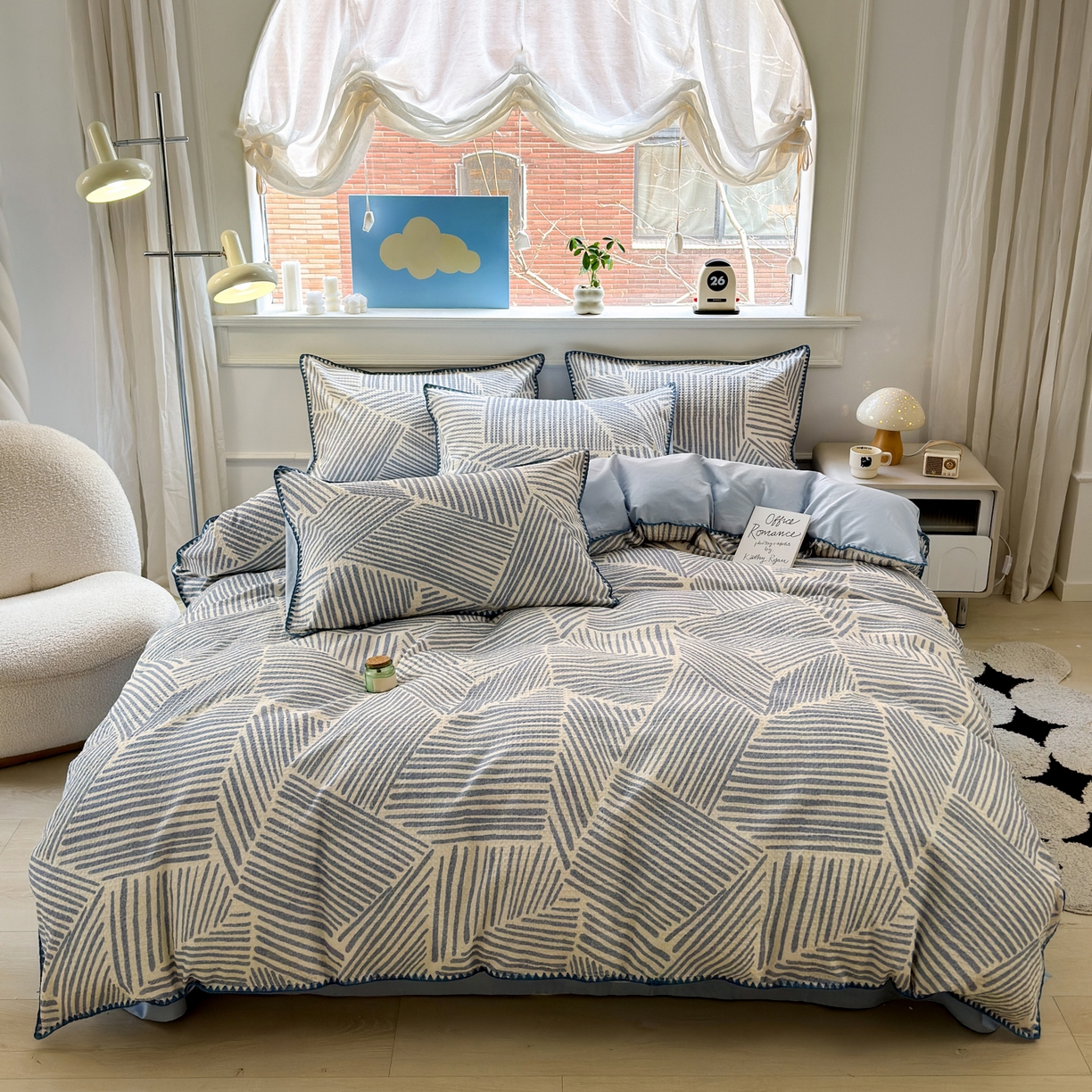 91家纺网 家纺一手货源 找家纺 雯雨家纺 2026新款A类全棉华夫格提花贝壳边工艺四件套 简森蓝