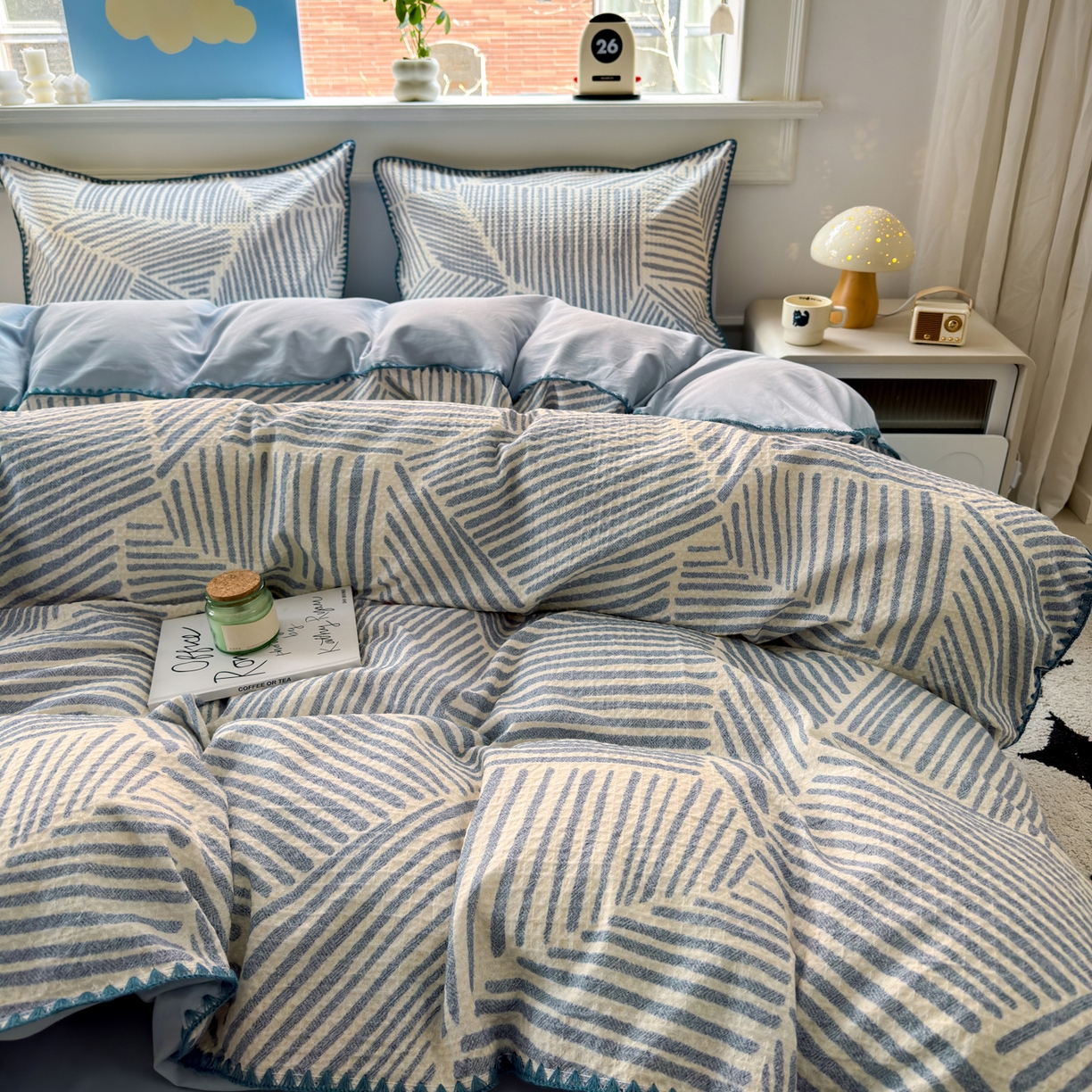 91家纺网 家纺一手货源 找家纺 雯雨家纺 2026新款A类全棉华夫格提花贝壳边工艺四件套 简森蓝