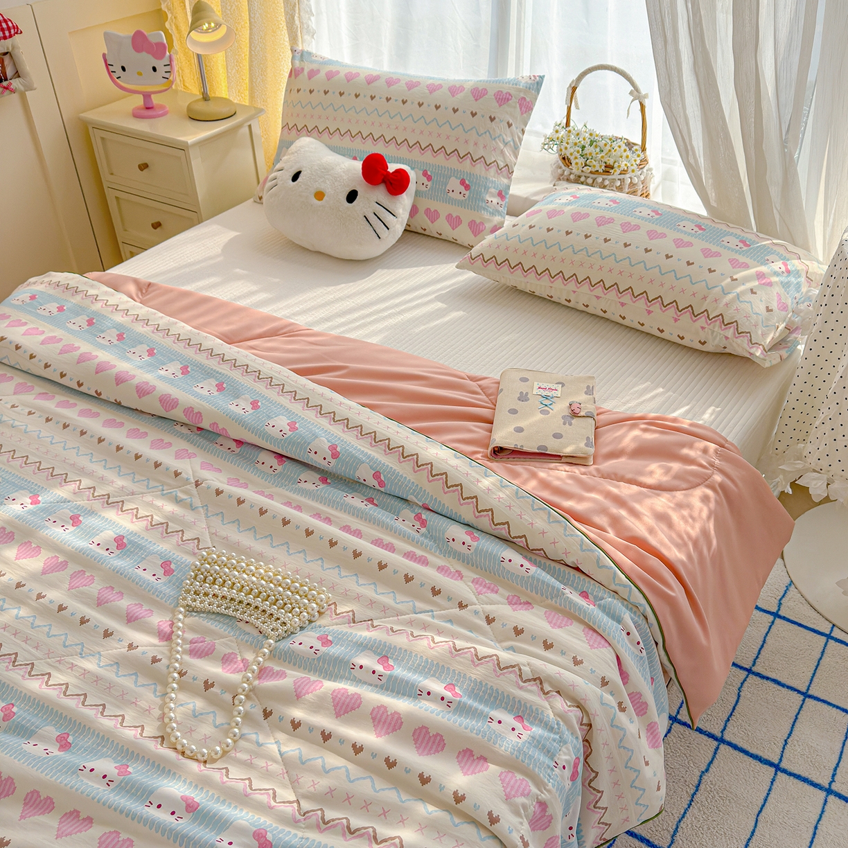 91家纺网 家纺一手货源 找家纺 弗苓家纺 2026新款A类水洗皱皱纱夏被夏凉被空调被 爱心凯蒂