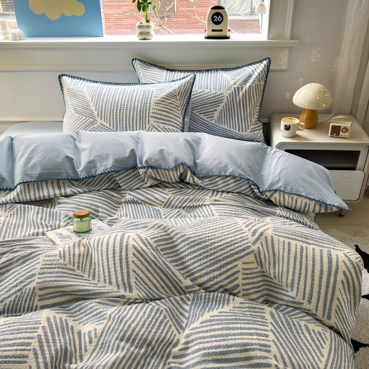 91家纺网 家纺一手货源 找家纺 雯雨家纺 2026新款A类全棉华夫格提花贝壳边工艺四件套 简森蓝