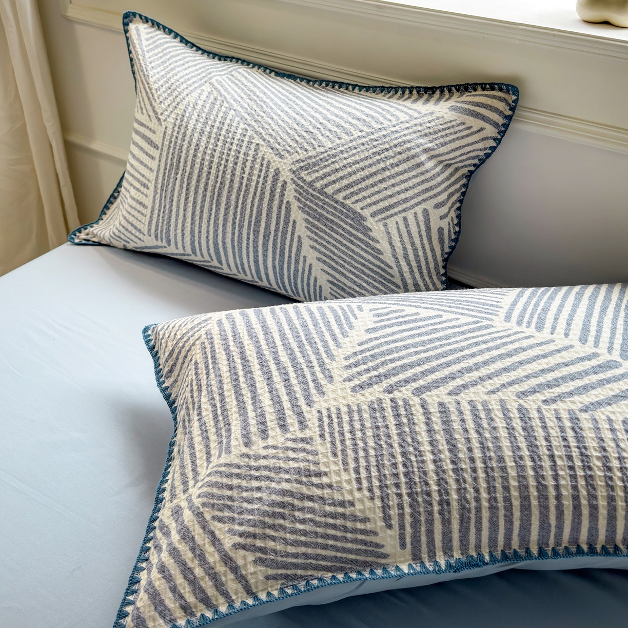 91家纺网 家纺一手货源 找家纺 雯雨家纺 2026新款A类全棉华夫格提花贝壳边工艺四件套 简森蓝