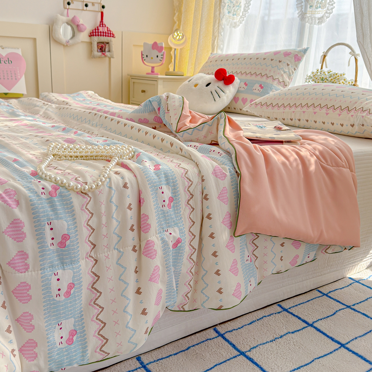 91家纺网 家纺一手货源 找家纺 弗苓家纺 2026新款A类水洗皱皱纱夏被夏凉被空调被 爱心凯蒂