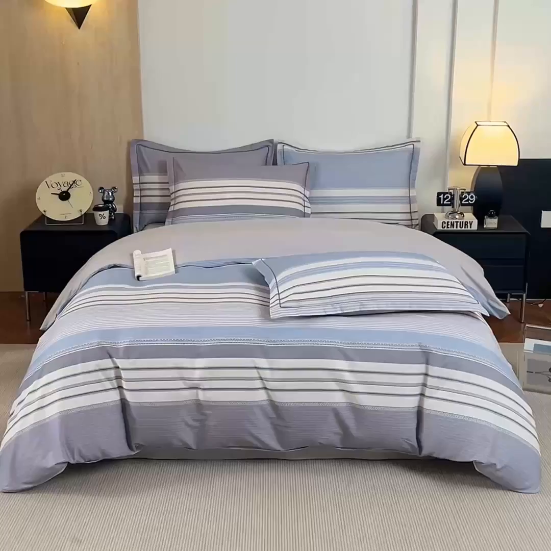 91家纺网 家纺一手货源 找家纺 沐白家居 2026新款亲肤舒适全棉印花四件套 暮光-蓝