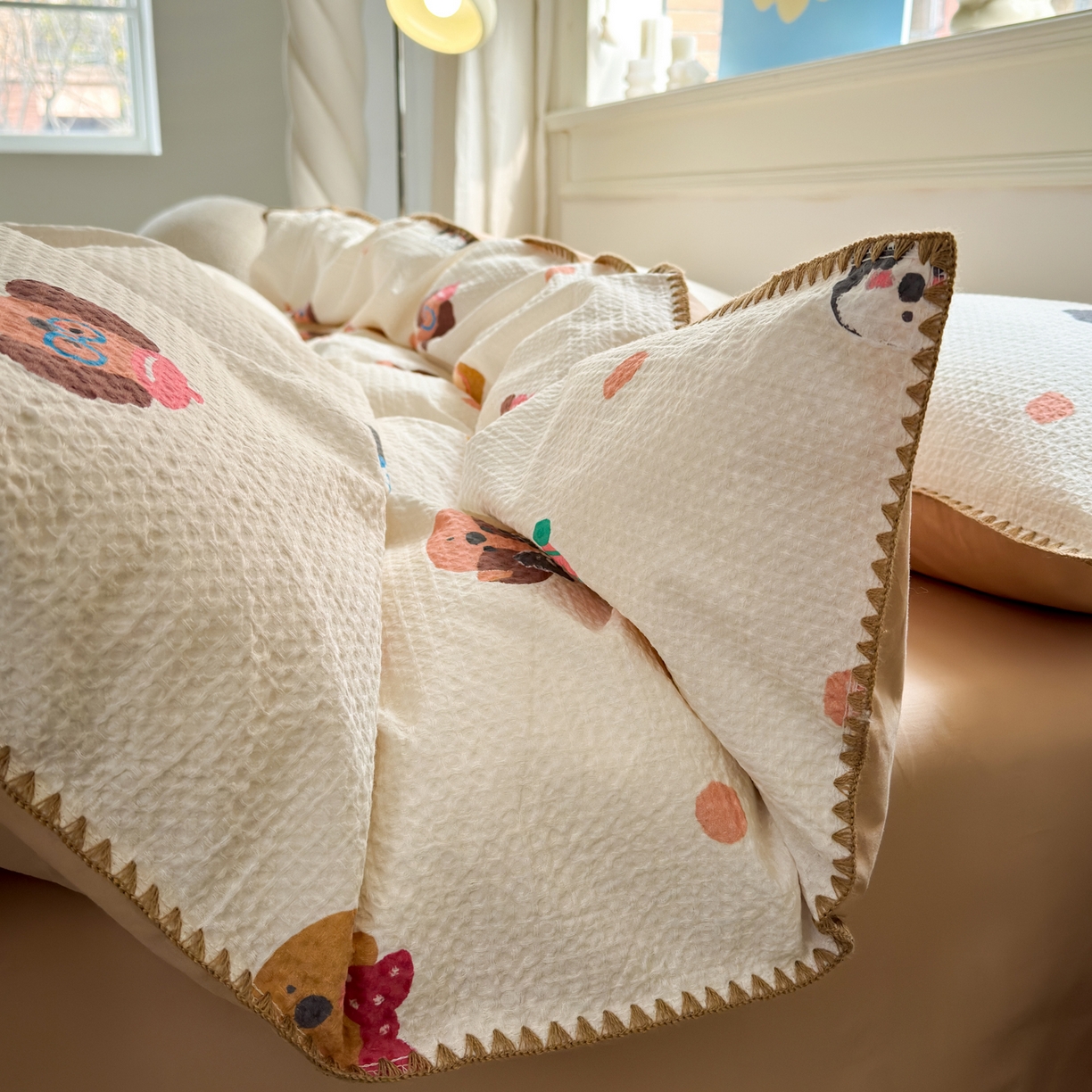 91家纺网 家纺一手货源 找家纺 雯雨家纺 2026新款A类全棉华夫格提花贝壳边工艺四件套 欢乐派对