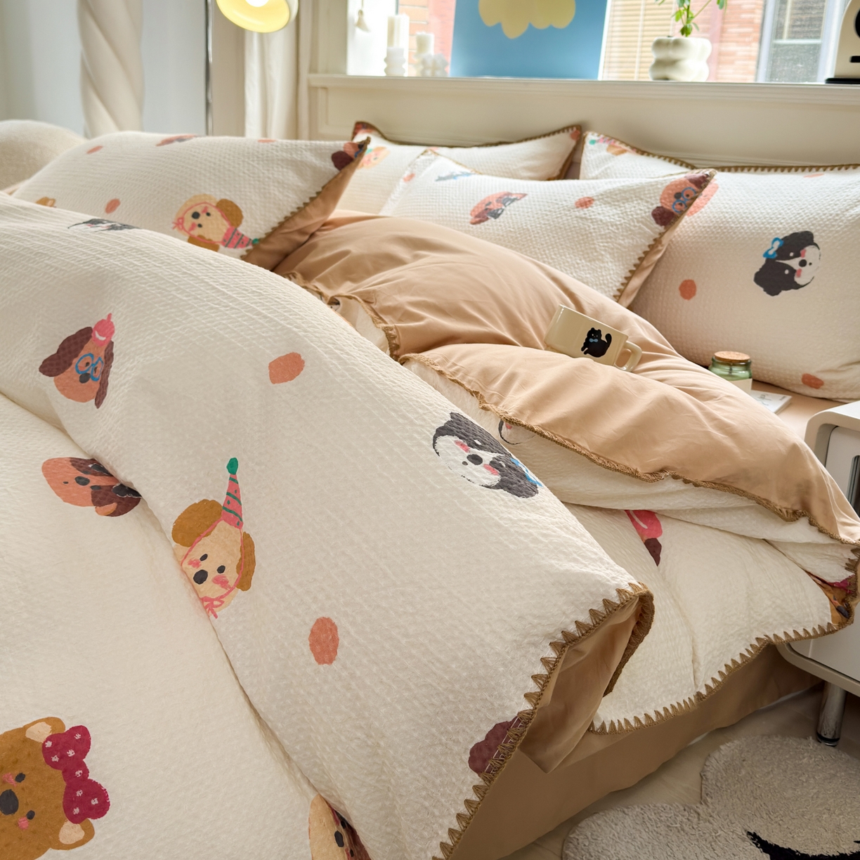 91家纺网 家纺一手货源 找家纺 雯雨家纺 2026新款A类全棉华夫格提花贝壳边工艺四件套 欢乐派对