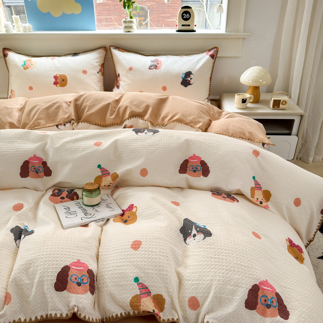 91家纺网 家纺一手货源 找家纺 雯雨家纺 2026新款A类全棉华夫格提花贝壳边工艺四件套 欢乐派对