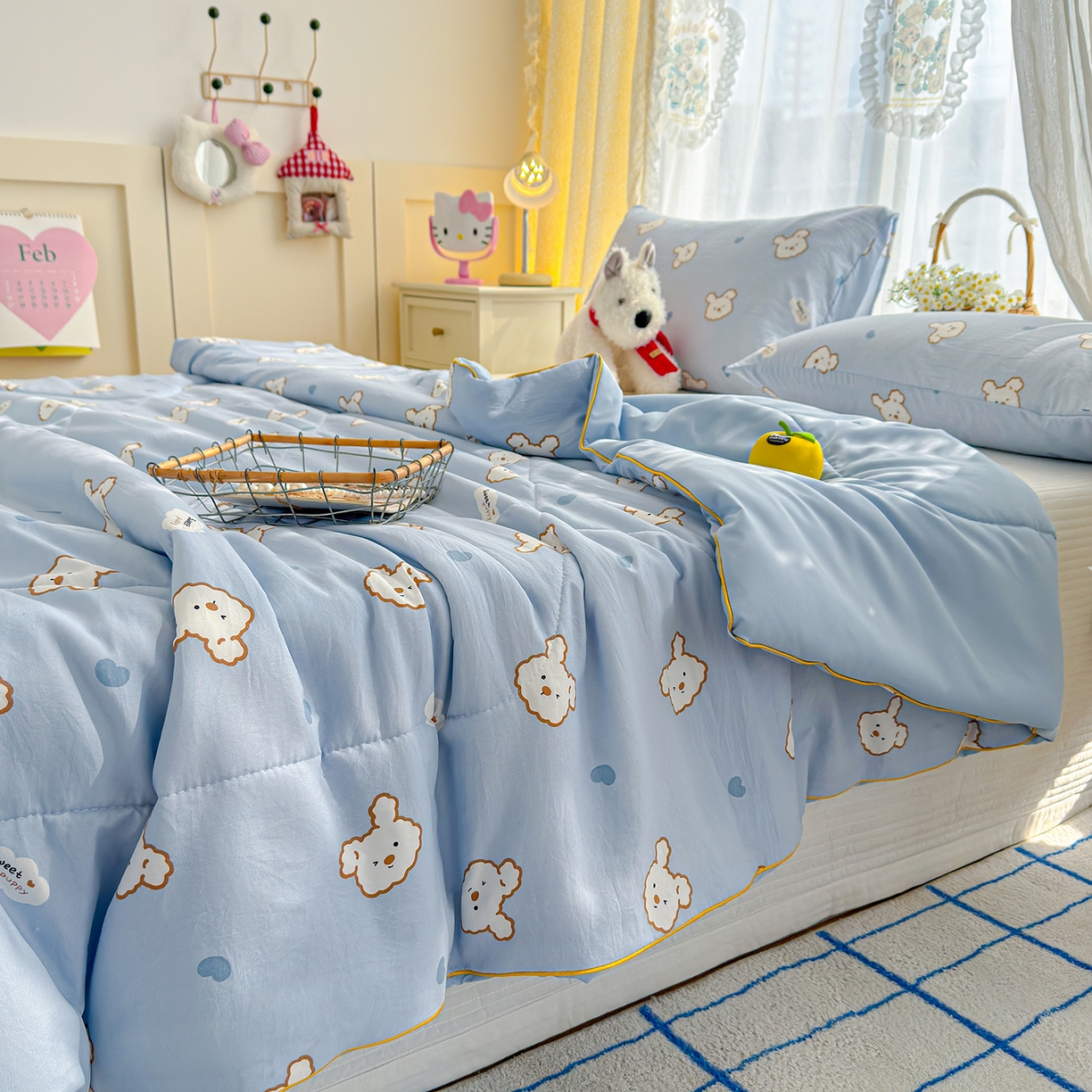 91家纺网 家纺一手货源 找家纺 弗苓家纺 2026新款A类水洗皱皱纱夏被夏凉被空调被 芋泥小狗