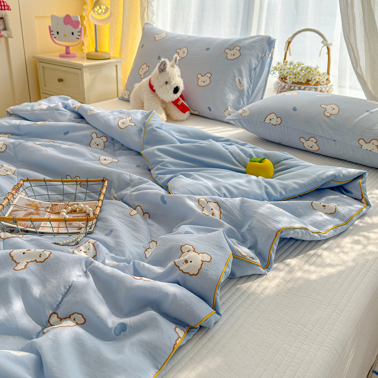 91家纺网 家纺一手货源 找家纺 弗苓家纺 2026新款A类水洗皱皱纱夏被夏凉被空调被 芋泥小狗