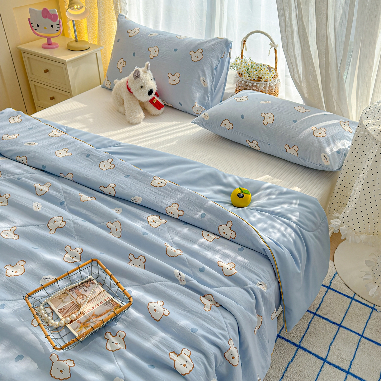 91家纺网 家纺一手货源 找家纺 弗苓家纺 2026新款A类水洗皱皱纱夏被夏凉被空调被 芋泥小狗