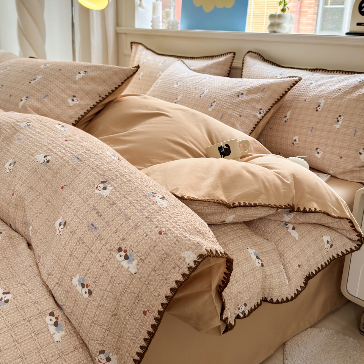 雯雨家纺 2026新款A类全棉华夫格提花贝壳边工艺四件套 流白小狗-米