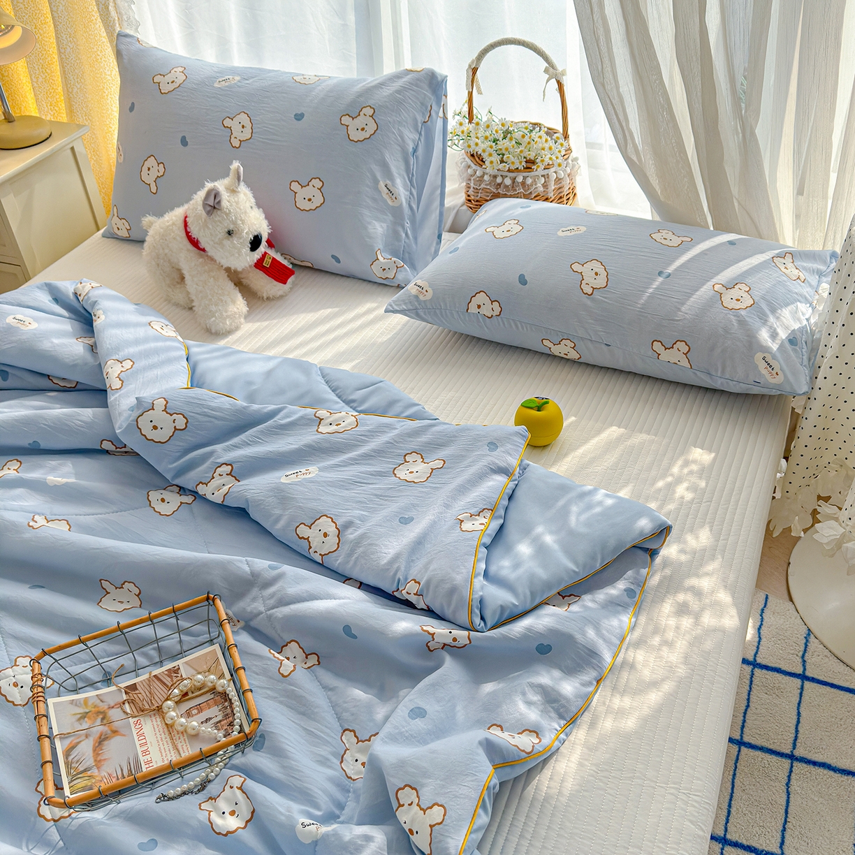 91家纺网 家纺一手货源 找家纺 弗苓家纺 2026新款A类水洗皱皱纱夏被夏凉被空调被 芋泥小狗