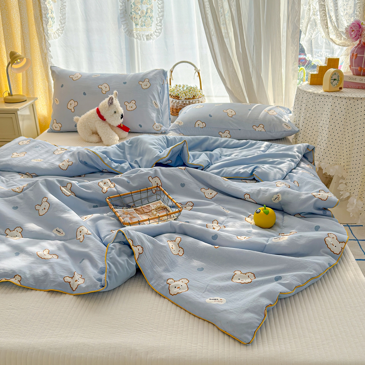 91家纺网 家纺一手货源 找家纺 弗苓家纺 2026新款A类水洗皱皱纱夏被夏凉被空调被 芋泥小狗