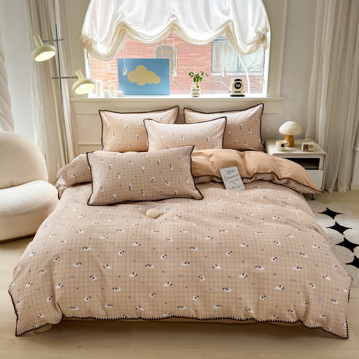 91家纺网 家纺一手货源 找家纺 雯雨家纺 2026新款A类全棉华夫格提花贝壳边工艺四件套 流白小狗-米