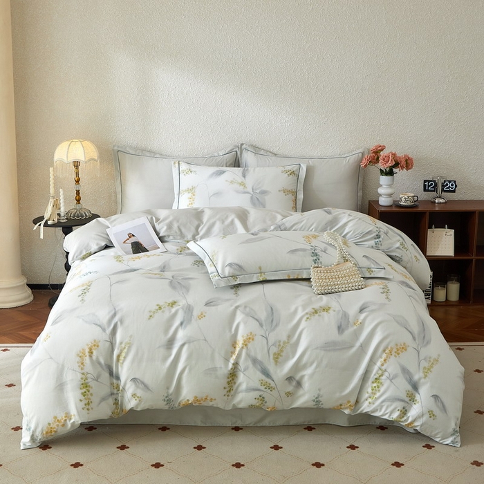 91家纺网 家纺一手货源 找家纺 沐白家居 2026新款亲肤舒适全棉印花四件套 倾妍（灰）