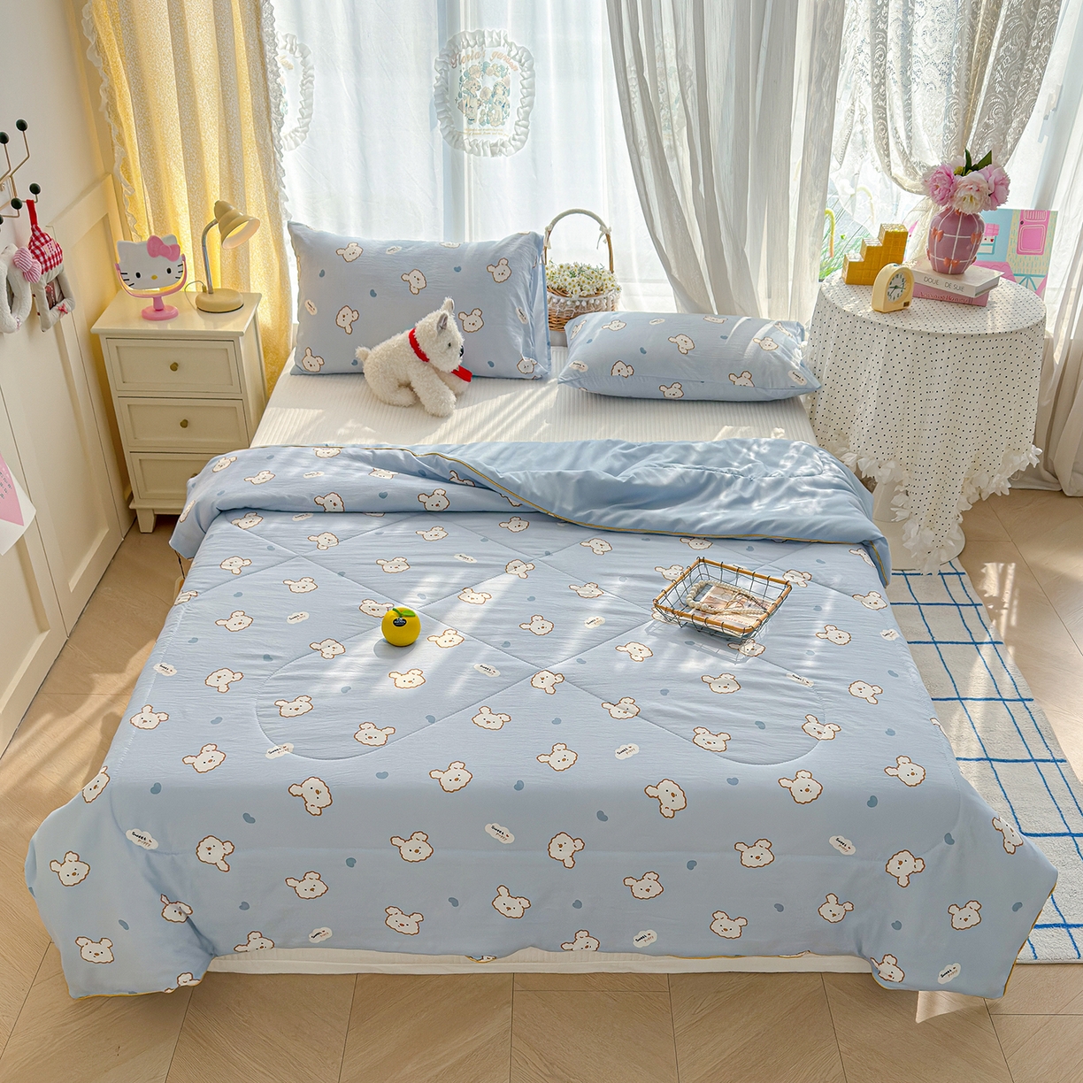 91家纺网 家纺一手货源 找家纺 弗苓家纺 2026新款A类水洗皱皱纱夏被夏凉被空调被 芋泥小狗