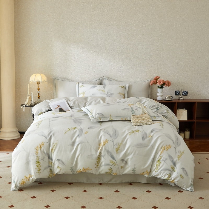 91家纺网 家纺一手货源 找家纺 沐白家居 2026新款亲肤舒适全棉印花四件套 倾妍（灰）