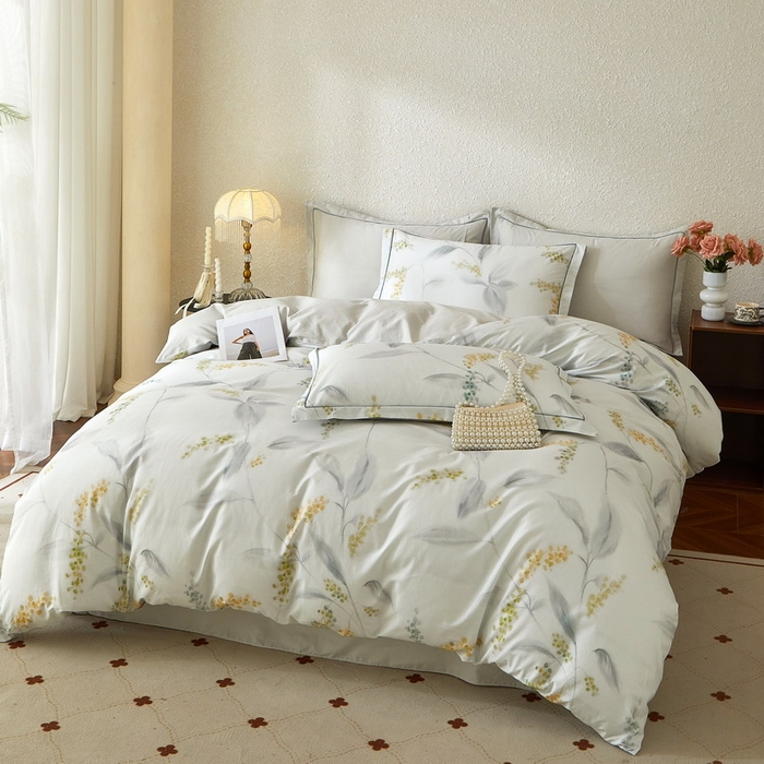 91家纺网 家纺一手货源 找家纺 沐白家居 2026新款亲肤舒适全棉印花四件套 倾妍（灰）