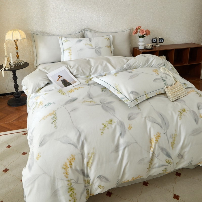 91家纺网 家纺一手货源 找家纺 沐白家居 2026新款亲肤舒适全棉印花四件套 倾妍（灰）