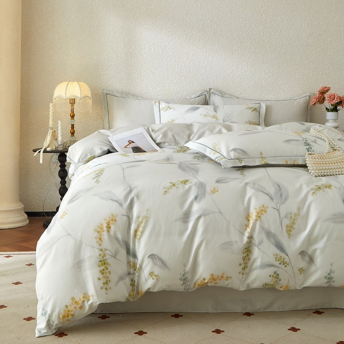 91家纺网 家纺一手货源 找家纺 沐白家居 2026新款亲肤舒适全棉印花四件套 倾妍（灰）