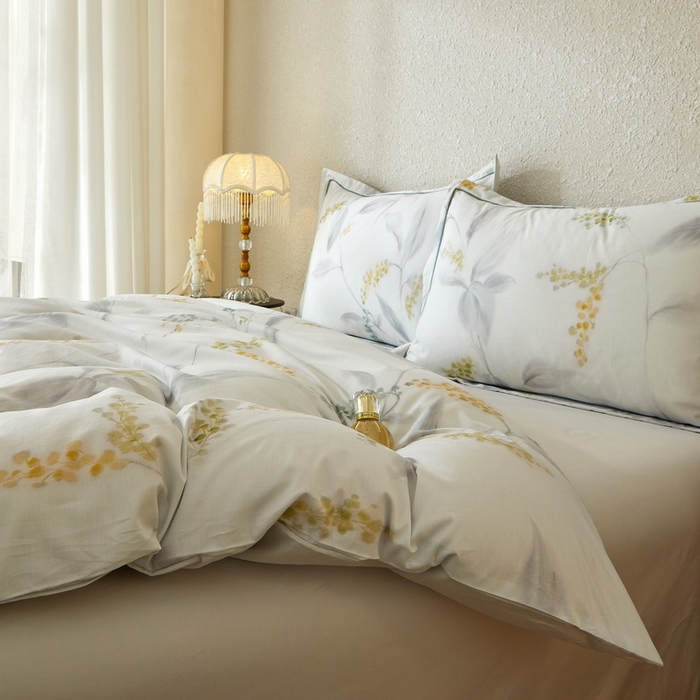 91家纺网 家纺一手货源 找家纺 沐白家居 2026新款亲肤舒适全棉印花四件套 倾妍（灰）