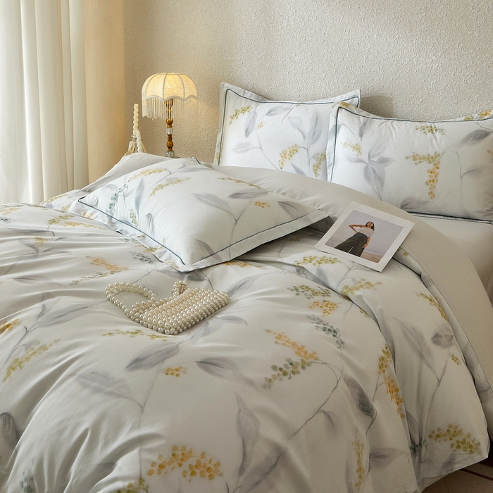 91家纺网 家纺一手货源 找家纺 沐白家居 2026新款亲肤舒适全棉印花四件套 倾妍（灰）