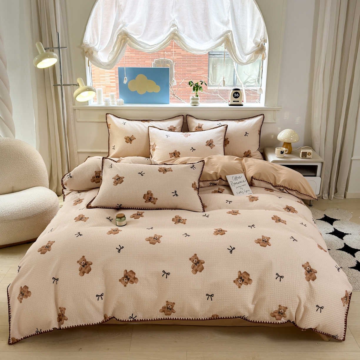 91家纺网 家纺一手货源 找家纺 雯雨家纺 2026新款A类全棉华夫格提花贝壳边工艺四件套 萌动时光