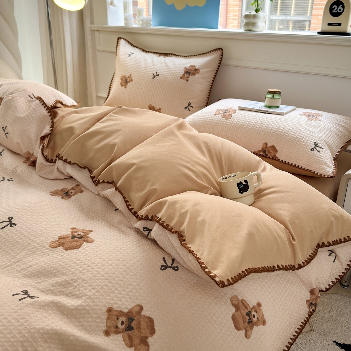 91家纺网 家纺一手货源 找家纺 雯雨家纺 2026新款A类全棉华夫格提花贝壳边工艺四件套 萌动时光