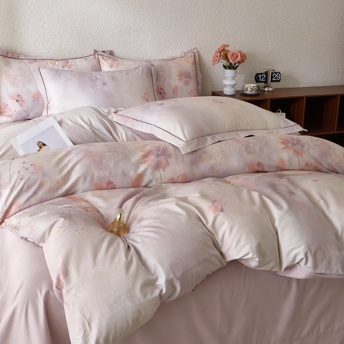 91家纺网 家纺一手货源 找家纺 沐白家居 2026新款亲肤舒适全棉印花四件套 时薇（紫）