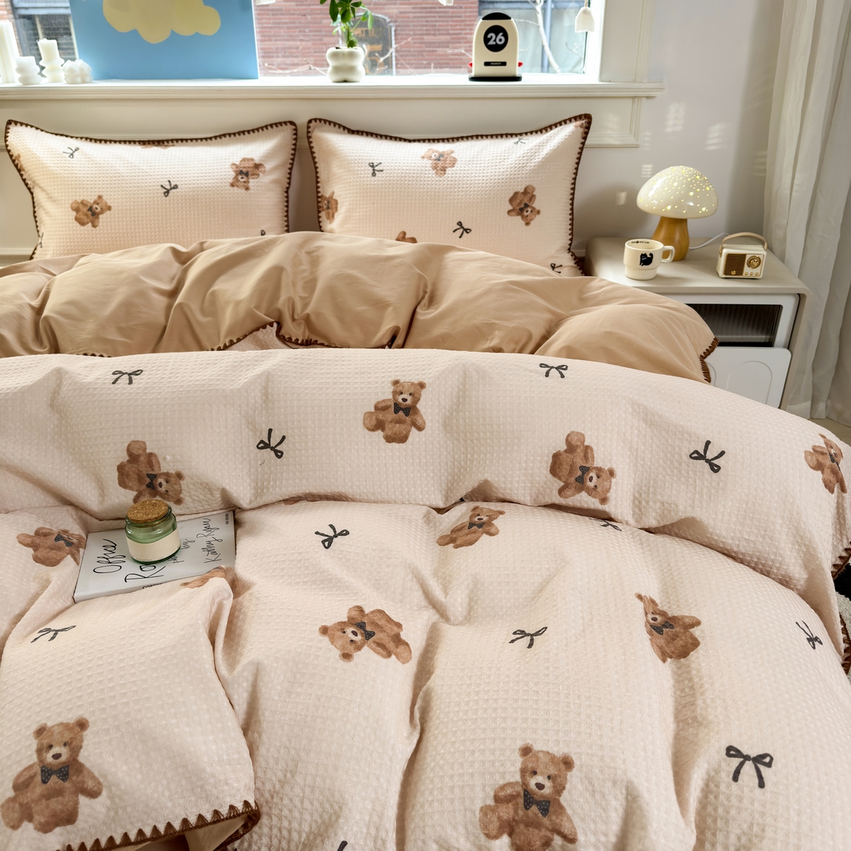 91家纺网 家纺一手货源 找家纺 雯雨家纺 2026新款A类全棉华夫格提花贝壳边工艺四件套 萌动时光