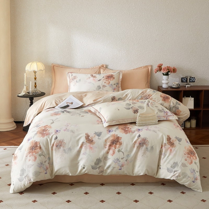 91家纺网 家纺一手货源 找家纺 沐白家居 2026新款亲肤舒适全棉印花四件套 香野-粉