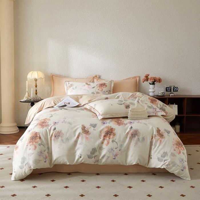 91家纺网 家纺一手货源 找家纺 沐白家居 2026新款亲肤舒适全棉印花四件套 香野-粉