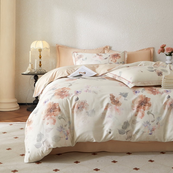 91家纺网 家纺一手货源 找家纺 沐白家居 2026新款亲肤舒适全棉印花四件套 香野-粉